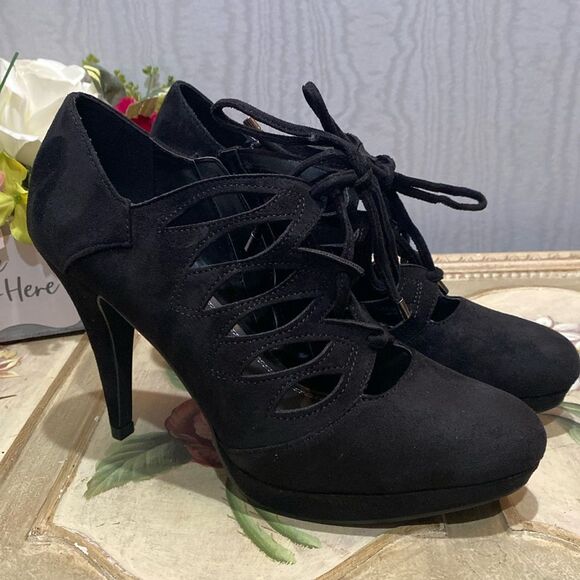 Impo Pageant Faux Suede Cut Out Lace Up Platform Heels Black Sz 8.5 - Picture 2 of 16